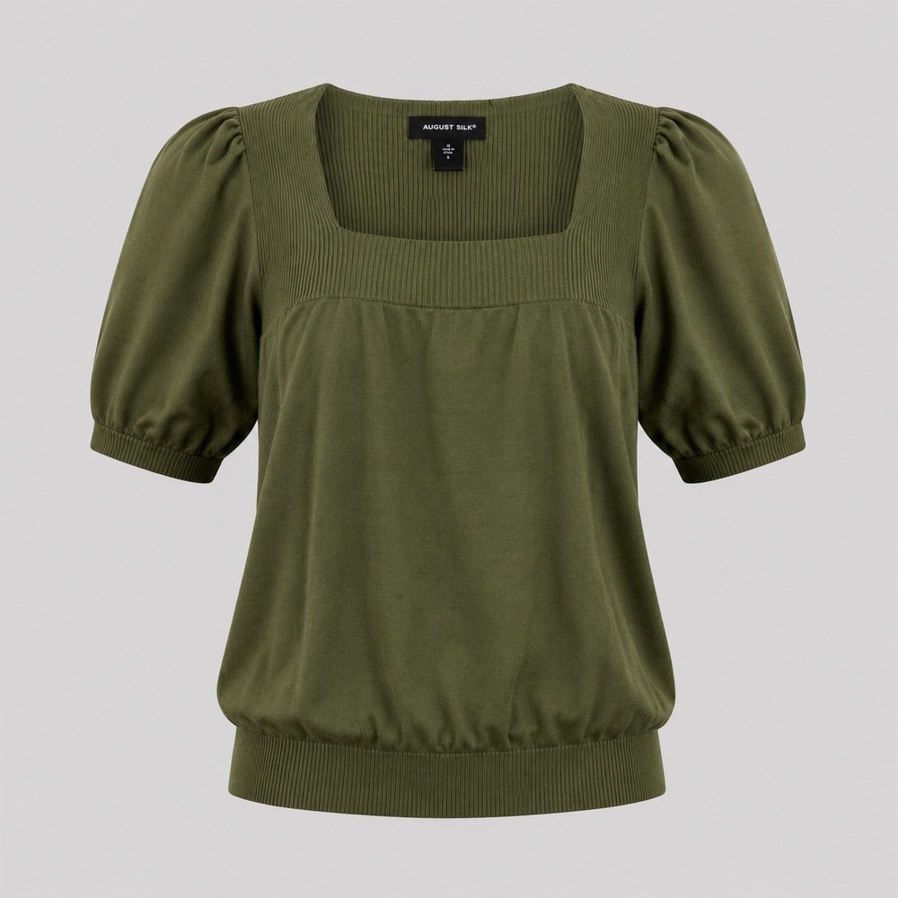 Vintage August Silk Olive Green Silk Blend Puff Sleeve Knit Top Women Medium NWT